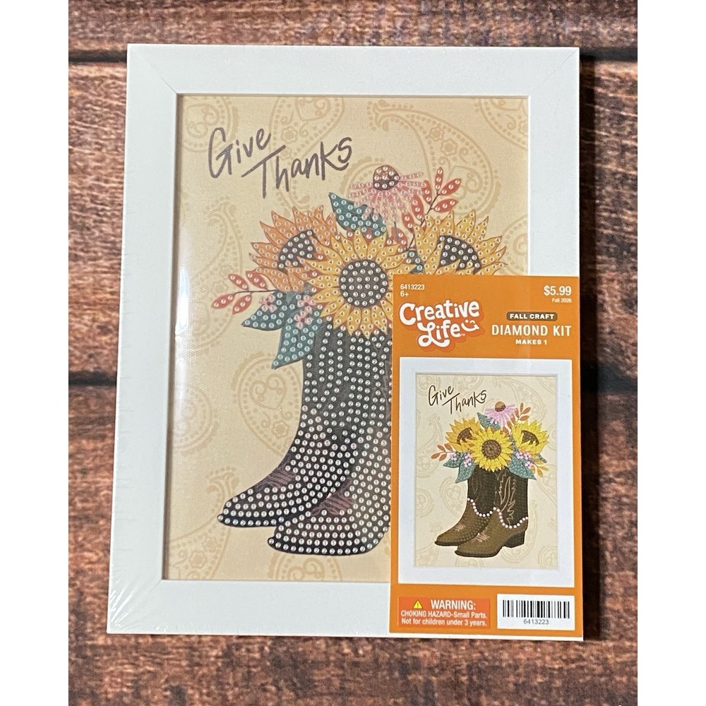 Give Thanks Boots with Flowers Rectangle Diamond Painting Kit in Frame New